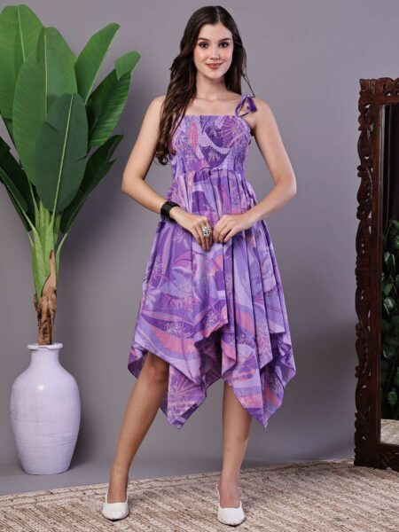 Women's Purple Printed Cotton Handkerchief Hem Midi Dress